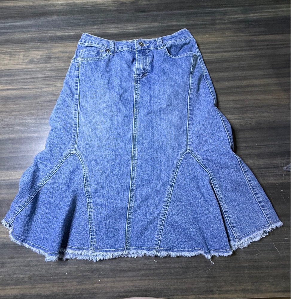 Cato Womens Denim Midi Skirt Size 8 Blue Frayed Hem Paneled Trumpet Mermaid Boho
